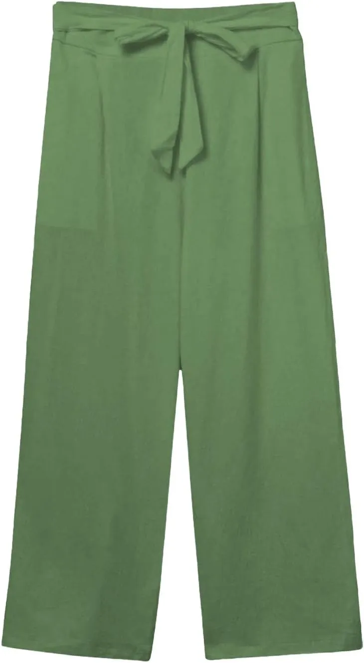 Capri Pants for Women Casual Wide Leg Linen Pants Elastic Waist Tie Belt Straight Leg Drawstring Trousers with Pockets