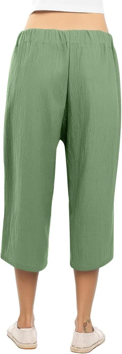 Capri Pants for Women Casual Wide Leg Linen Pants Elastic Waist Tie Belt Straight Leg Drawstring Trousers with Pockets