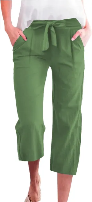 Capri Pants for Women Casual Wide Leg Linen Pants Elastic Waist Tie Belt Straight Leg Drawstring Trousers with Pockets