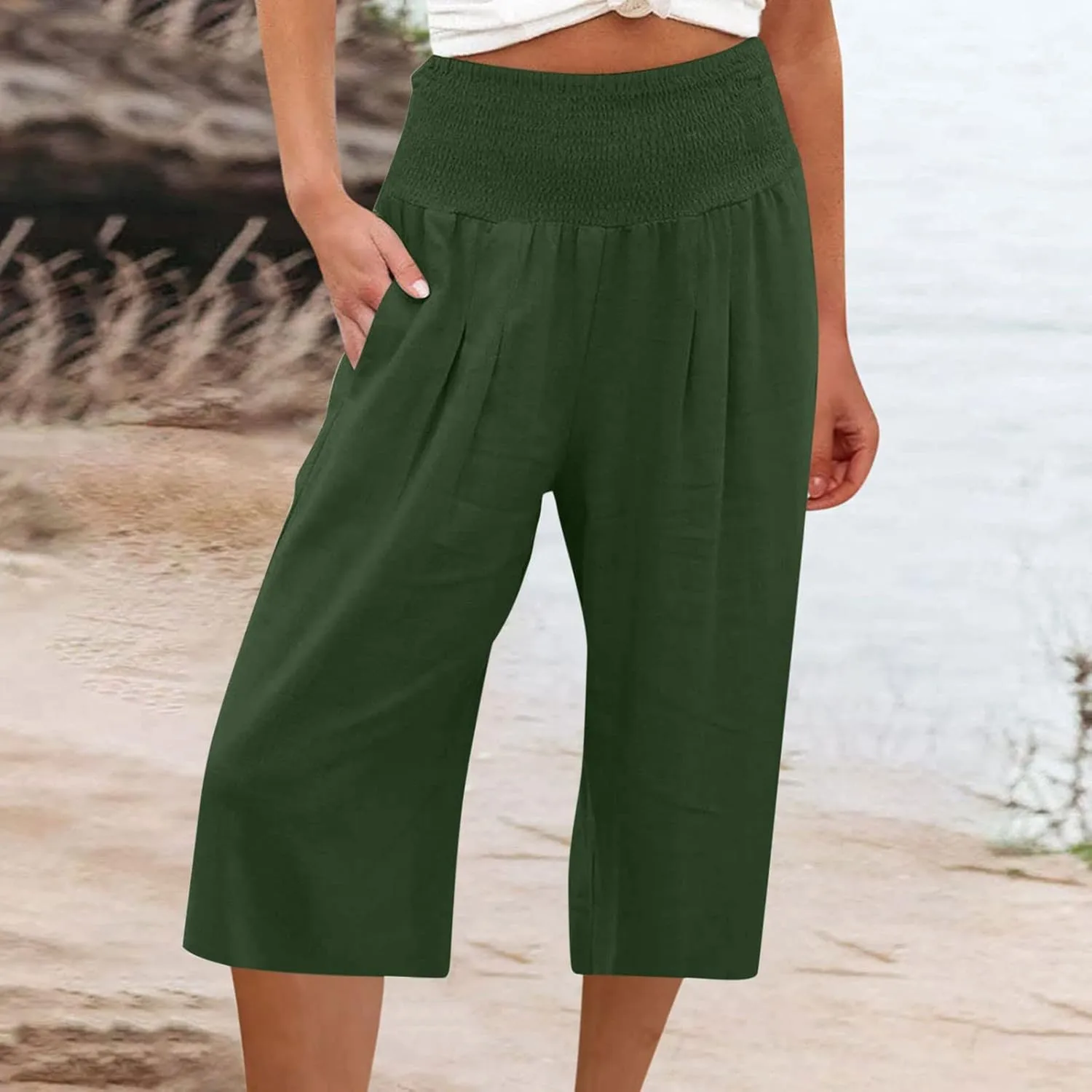 Capri Pants for Women High Waisted Wide Leg Linen Capris Summer Loose Elastic Trousers with Pockets