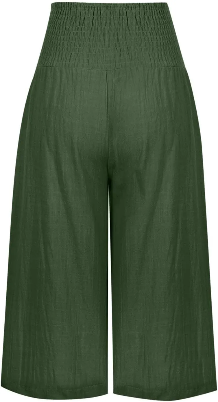 Capri Pants for Women High Waisted Wide Leg Linen Capris Summer Loose Elastic Trousers with Pockets