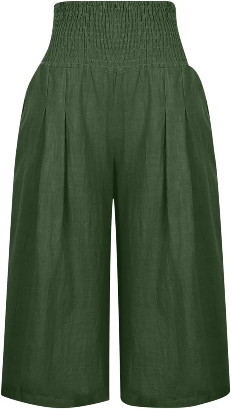 Capri Pants for Women High Waisted Wide Leg Linen Capris Summer Loose Elastic Trousers with Pockets