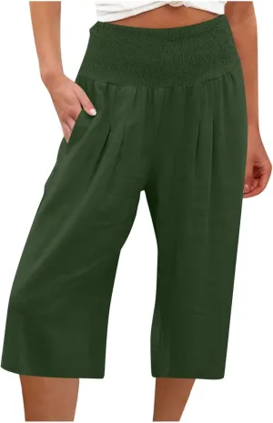 Capri Pants for Women High Waisted Wide Leg Linen Capris Summer Loose Elastic Trousers with Pockets
