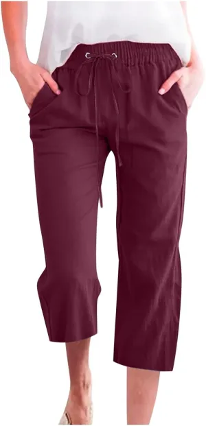 Capri Pants for Women Plus Size Cotton Petite Drawstring Elastic Waist Solid Color Comfy Trousers with Pockets