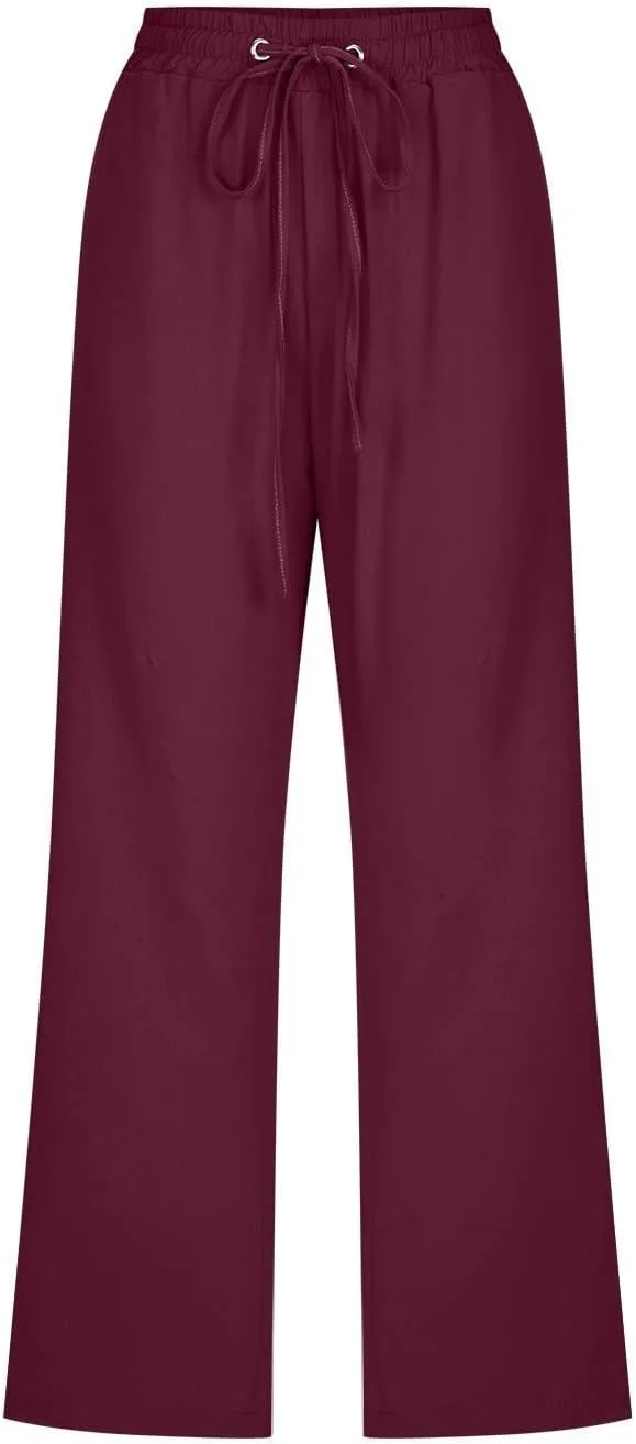 Capri Pants for Women Plus Size Cotton Petite Drawstring Elastic Waist Solid Color Comfy Trousers with Pockets