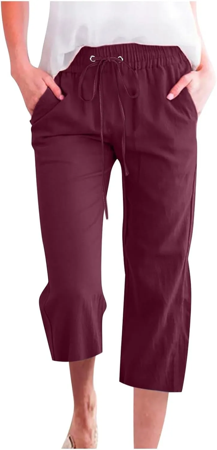 Capri Pants for Women Plus Size Cotton Petite Drawstring Elastic Waist Solid Color Comfy Trousers with Pockets