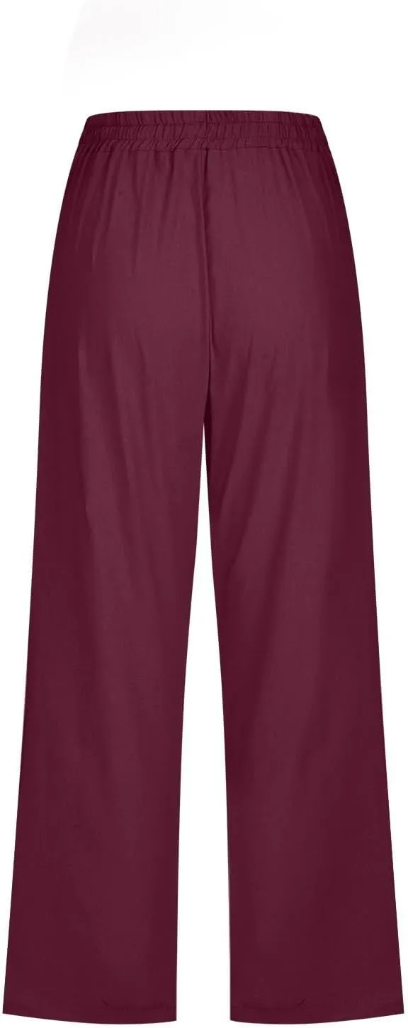 Capri Pants for Women Plus Size Cotton Petite Drawstring Elastic Waist Solid Color Comfy Trousers with Pockets