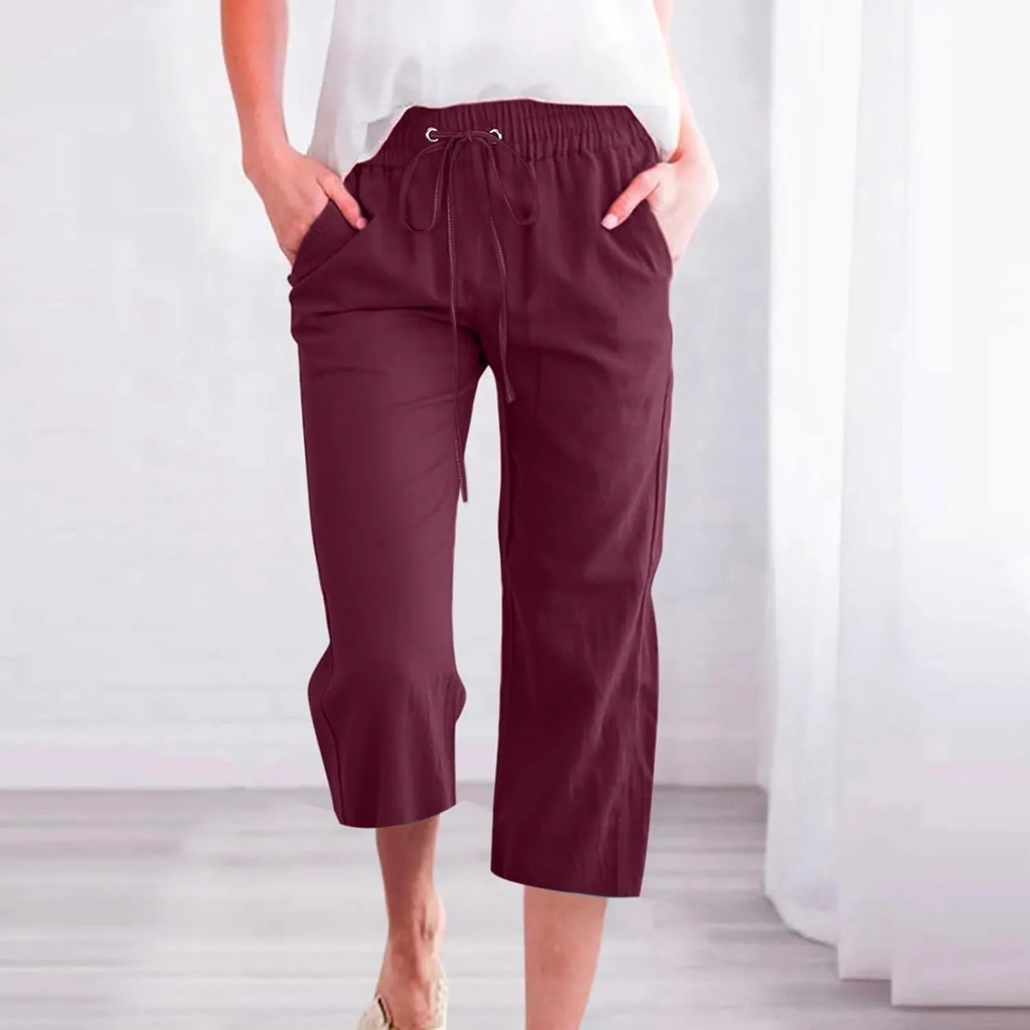 Capri Pants for Women Plus Size Cotton Petite Drawstring Elastic Waist Solid Color Comfy Trousers with Pockets