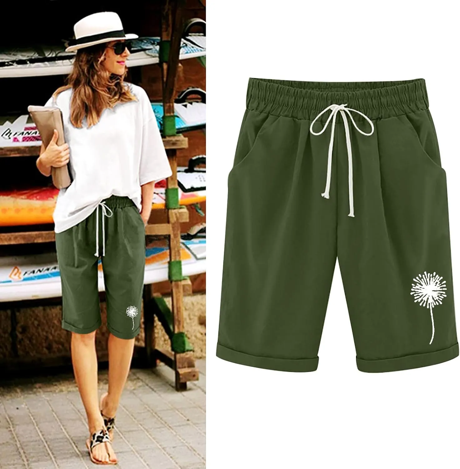 Capri Pants for Women Striped Linen Capris Comfort Plus Size Pants Elastic High Waisted Drawstring Rolled Hem Shorts