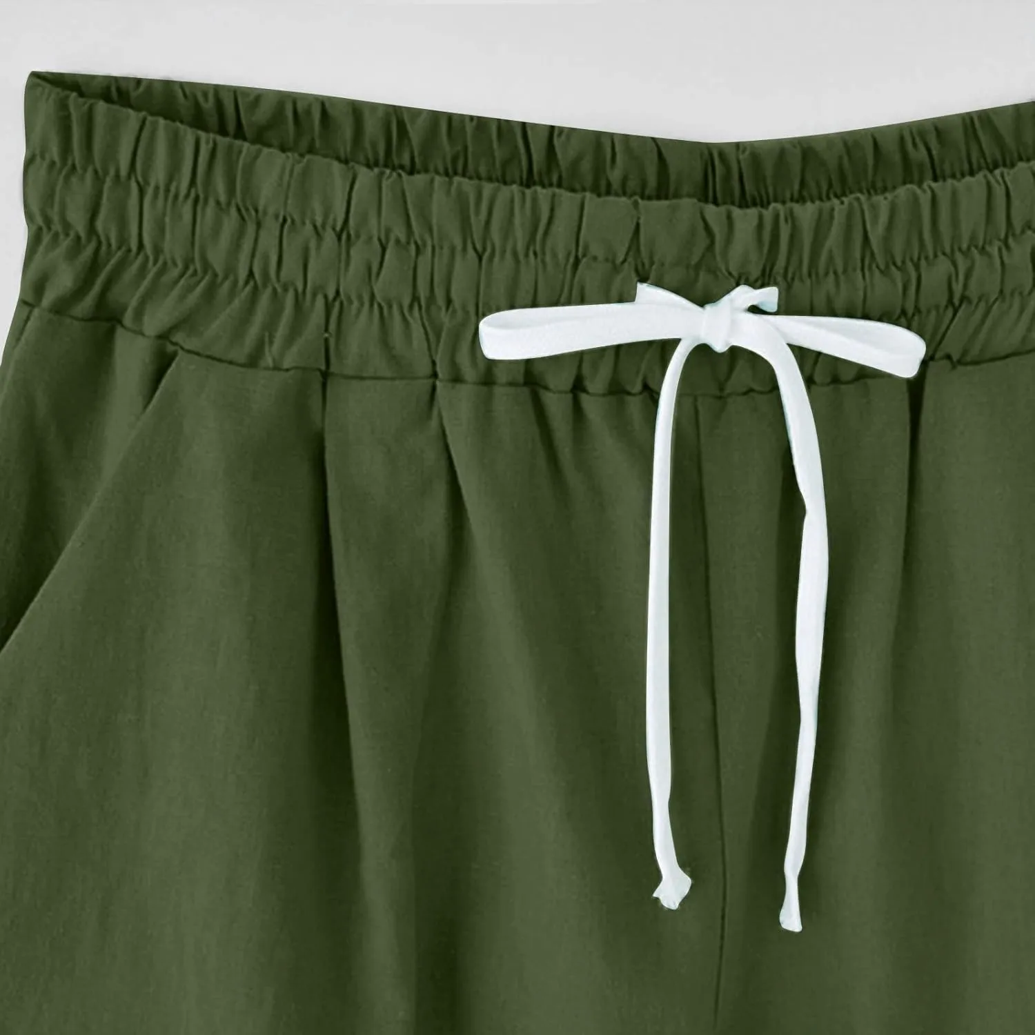 Capri Pants for Women Striped Linen Capris Comfort Plus Size Pants Elastic High Waisted Drawstring Rolled Hem Shorts