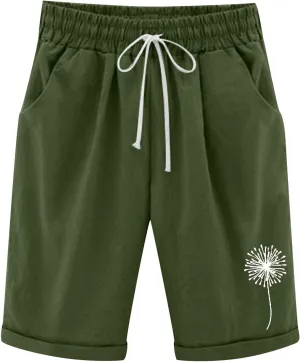 Capri Pants for Women Striped Linen Capris Comfort Plus Size Pants Elastic High Waisted Drawstring Rolled Hem Shorts