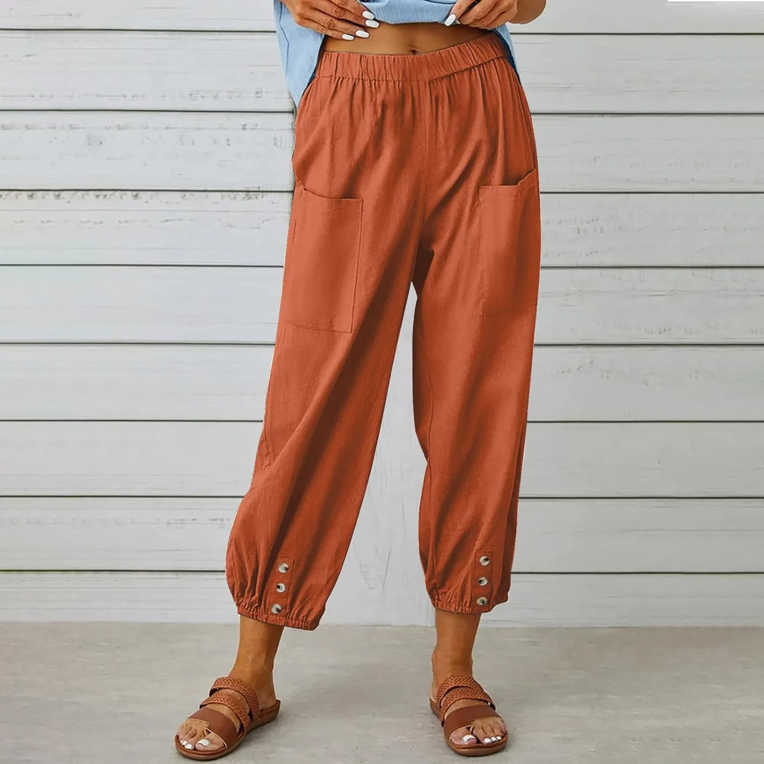 Capri Pants for Women Summer 2024 High Waisted Cotton Linen Cropped Pants Elastic Button Down Trousers with Pockets