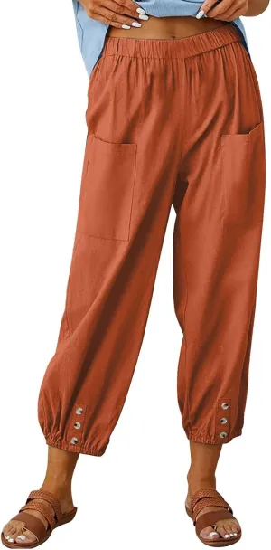 Capri Pants for Women Summer 2024 High Waisted Cotton Linen Cropped Pants Elastic Button Down Trousers with Pockets