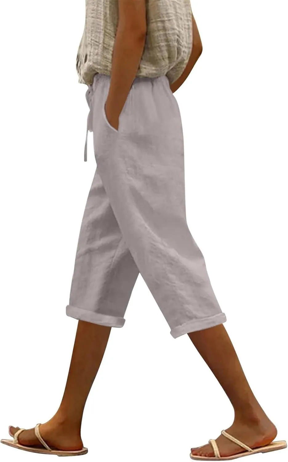 Capri Pants for Women Summer Casual Drawstring Elastic High Waist Linen Pant Straight Wide Leg Cropped Trouser
