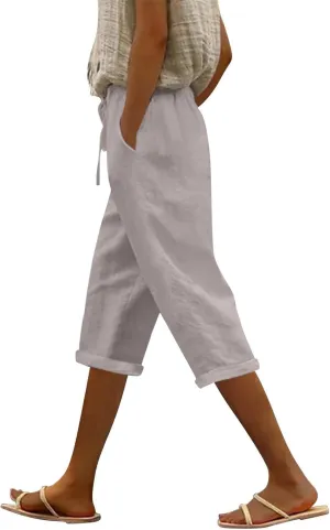 Capri Pants for Women Summer Casual Drawstring Elastic High Waist Linen Pant Straight Wide Leg Cropped Trouser