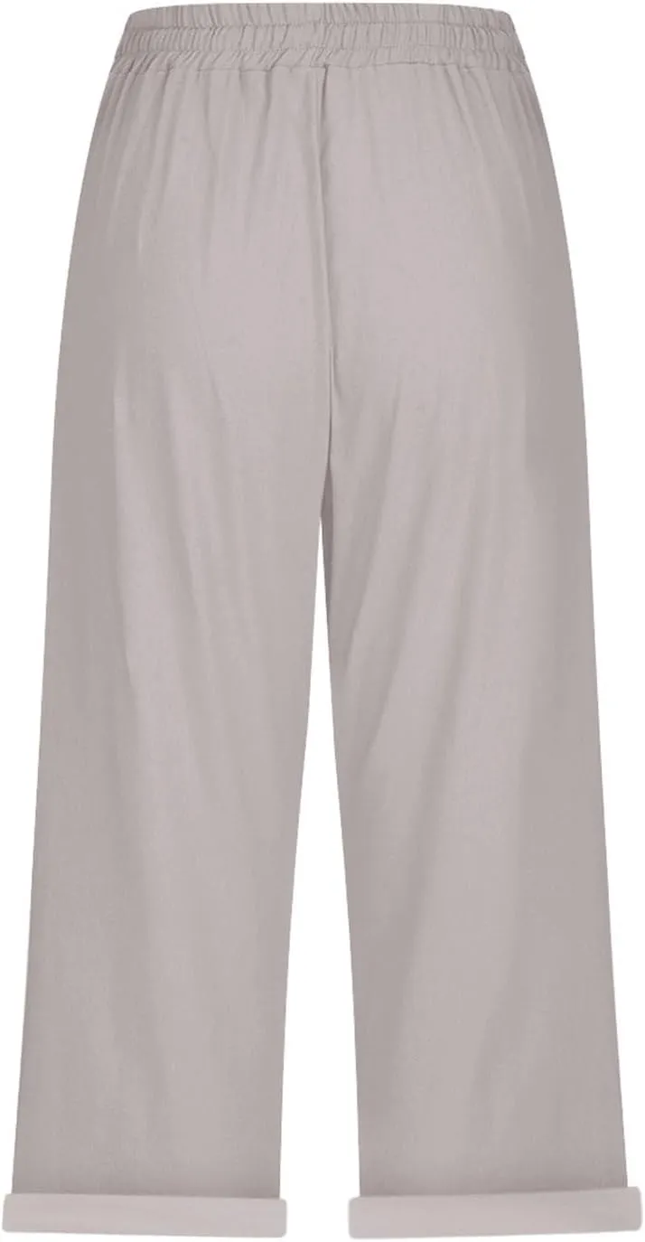 Capri Pants for Women Summer Casual Drawstring Elastic High Waist Linen Pant Straight Wide Leg Cropped Trouser