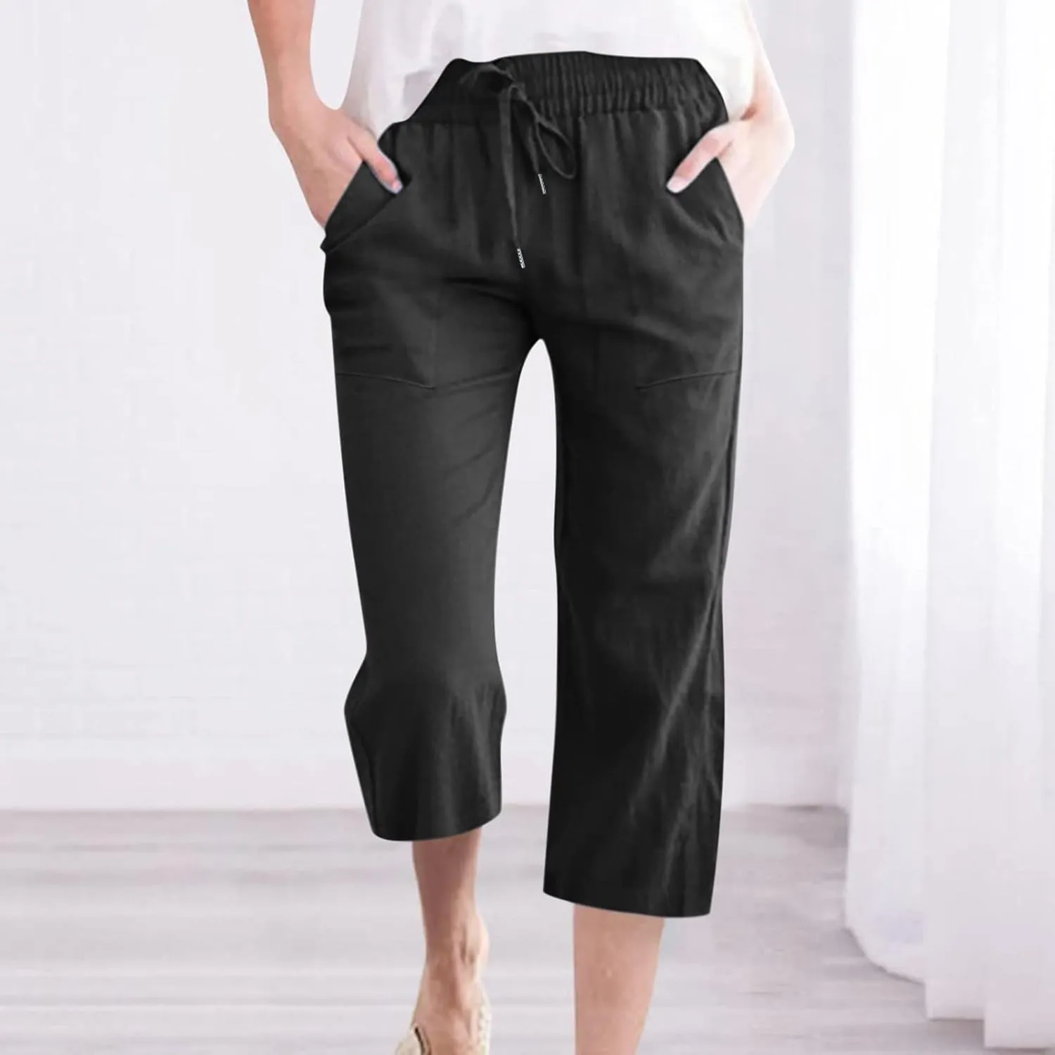 Capri Pants for Women Summer Linen Pants Drawstring Waisted Casual Loose Wide Leg Trousers Cropped Pants with Pockets