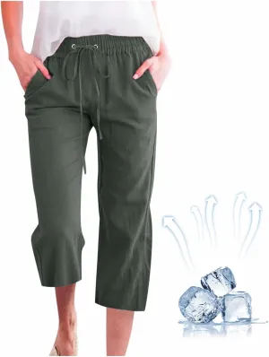 Capri Pants for Women Summer Linen Pants Drawstring Waisted Casual Loose Wide Leg Trousers Cropped Pants with Pockets