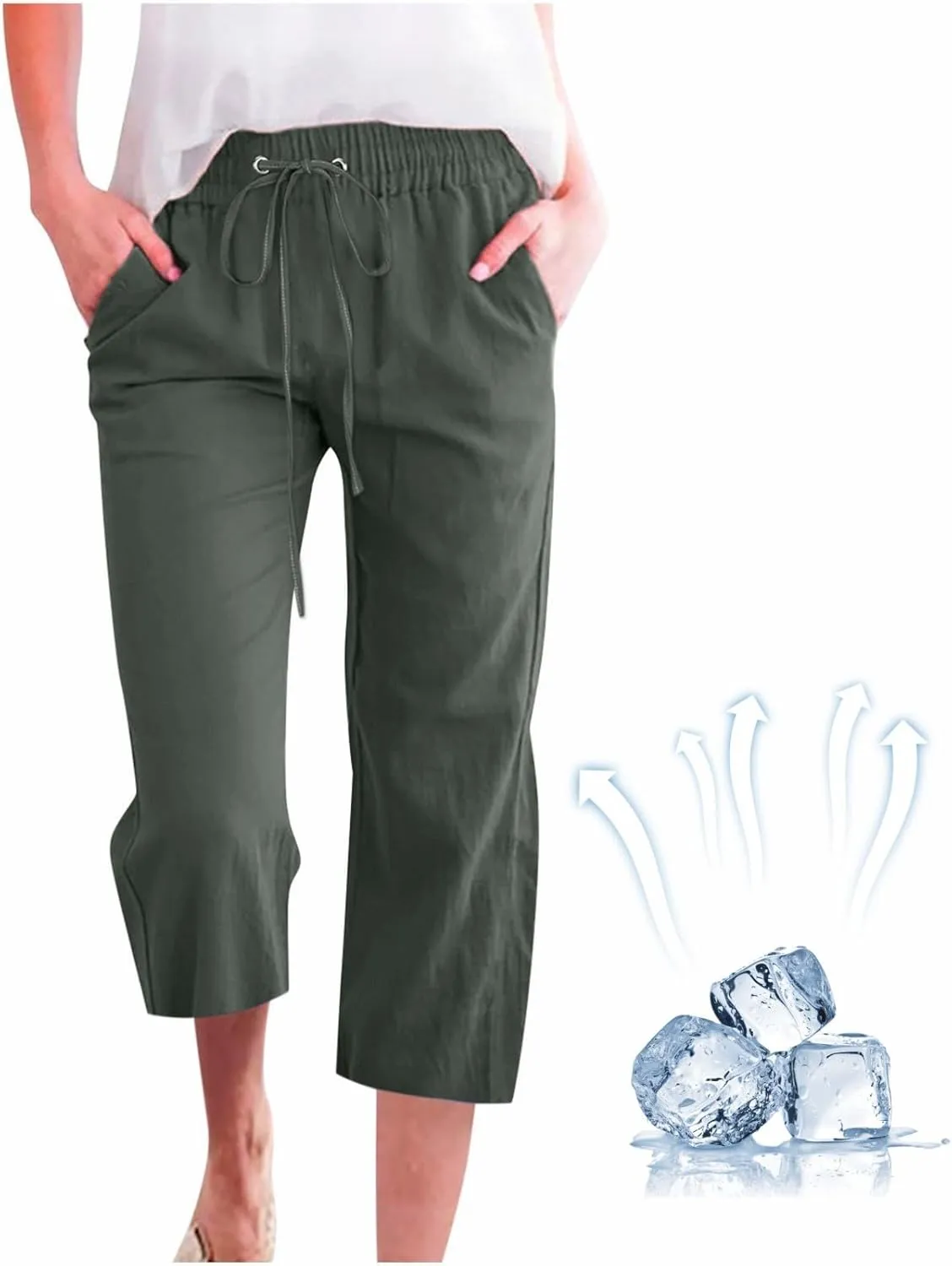 Capri Pants for Women Summer Linen Pants Drawstring Waisted Casual Loose Wide Leg Trousers Cropped Pants with Pockets