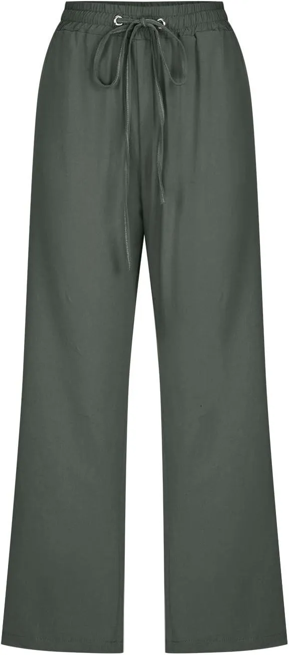 Capri Pants for Women Summer Linen Pants Drawstring Waisted Casual Loose Wide Leg Trousers Cropped Pants with Pockets