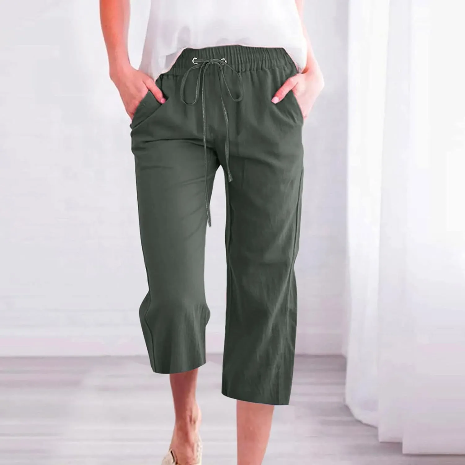 Capri Pants for Women Summer Linen Pants Drawstring Waisted Casual Loose Wide Leg Trousers Cropped Pants with Pockets