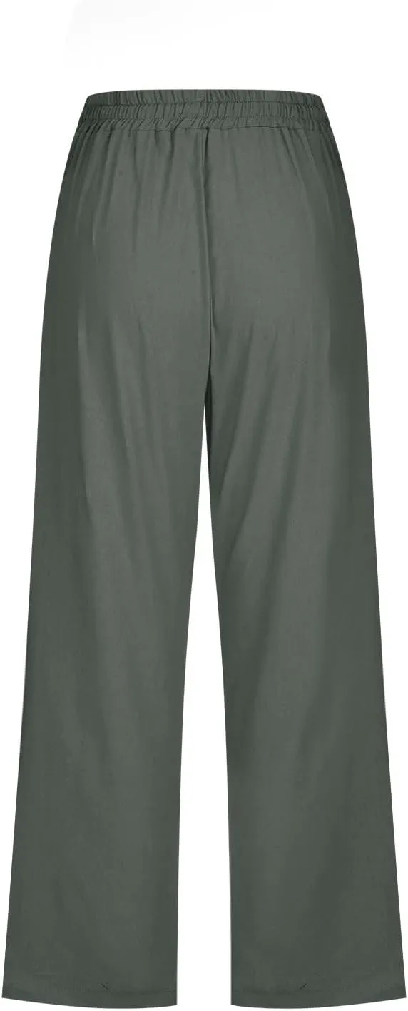 Capri Pants for Women Summer Linen Pants Drawstring Waisted Casual Loose Wide Leg Trousers Cropped Pants with Pockets