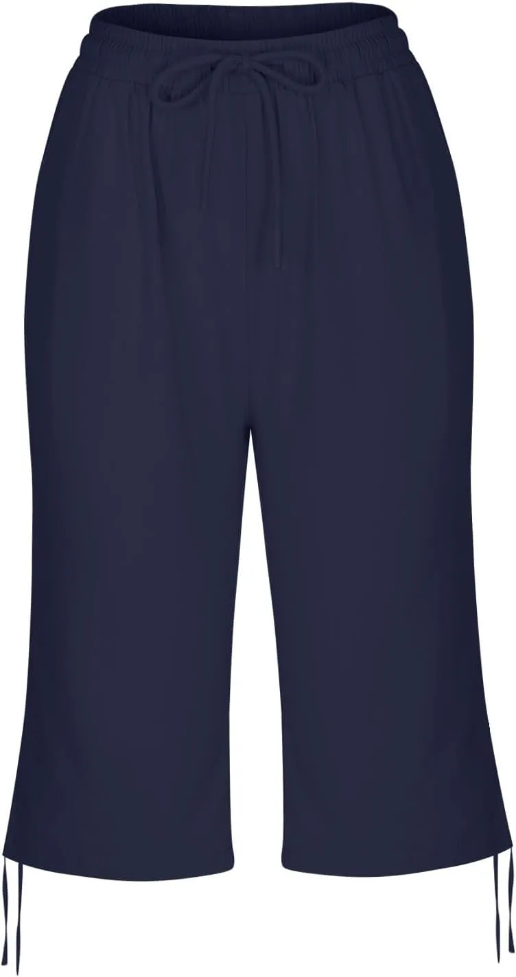 Capri Pants for Womens Summer Linen High Waisted Drawstring Wide Leg Capris Lightweight Elastic Casual Trousers