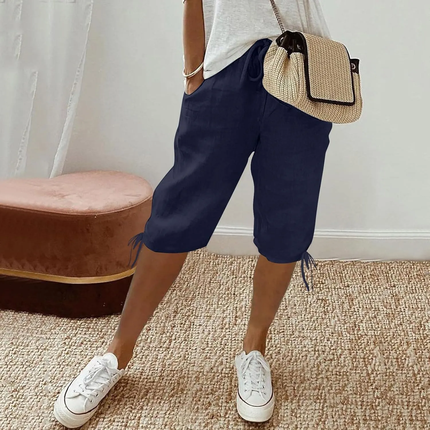 Capri Pants for Womens Summer Linen High Waisted Drawstring Wide Leg Capris Lightweight Elastic Casual Trousers