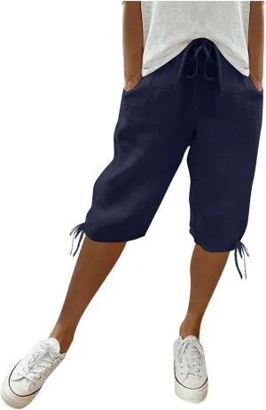Capri Pants for Womens Summer Linen High Waisted Drawstring Wide Leg Capris Lightweight Elastic Casual Trousers
