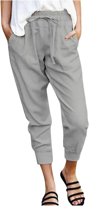 Capris Linen Pants Women Summer High Waisted Drawstring Baggy Tapered Ankle Trousers Fit Lounge Pants with Pockets