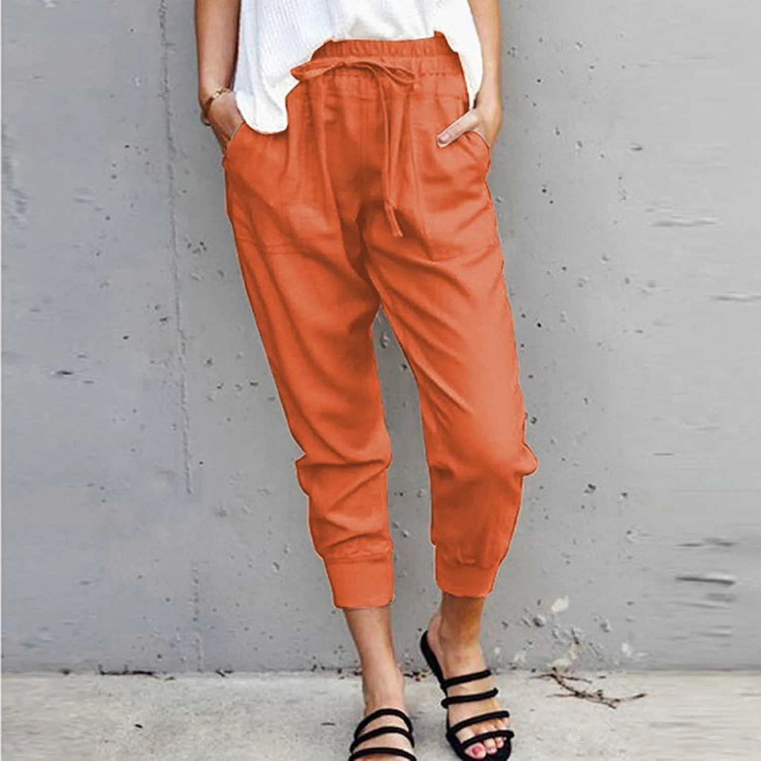 Capris Linen Pants Women Summer High Waisted Drawstring Baggy Tapered Ankle Trousers Fit Lounge Pants with Pockets