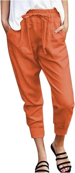 Capris Linen Pants Women Summer High Waisted Drawstring Baggy Tapered Ankle Trousers Fit Lounge Pants with Pockets