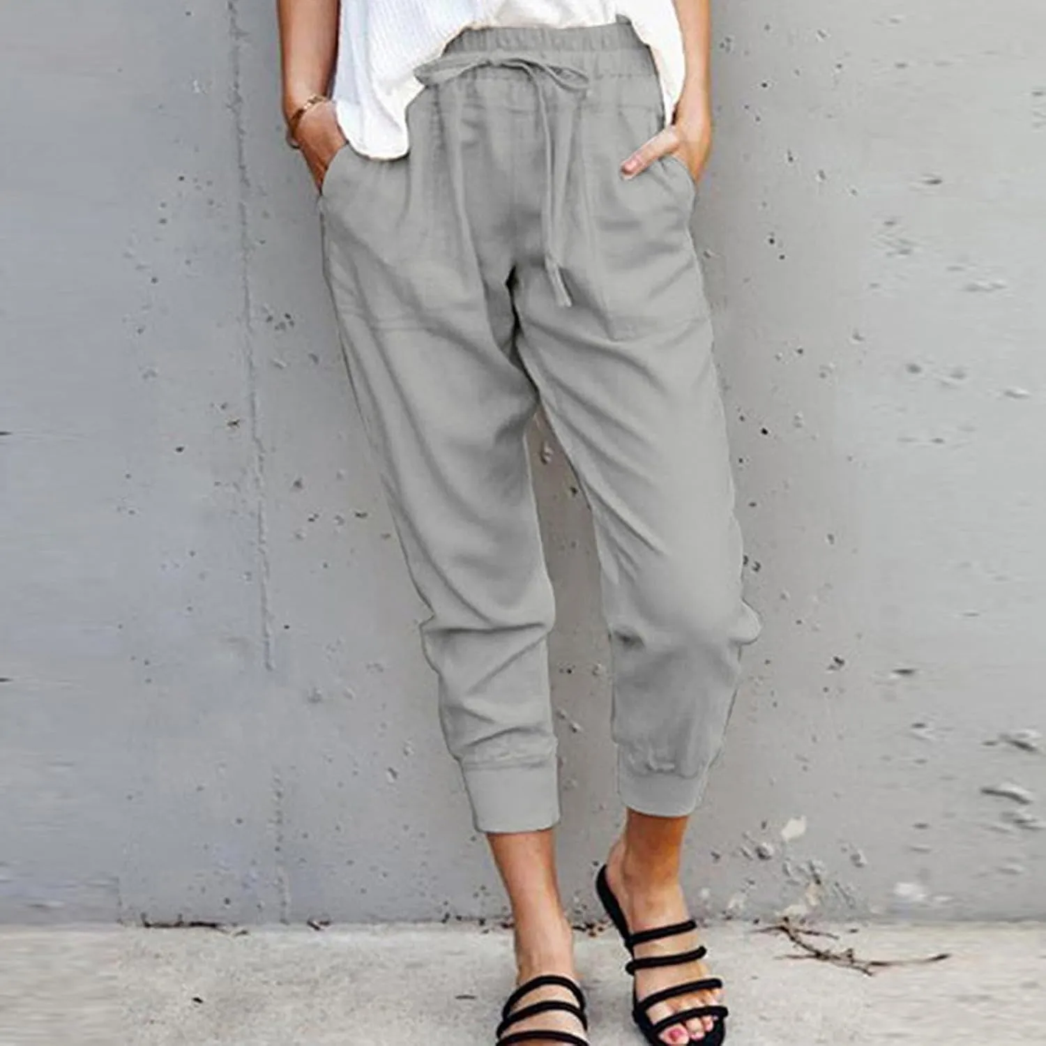 Capris Linen Pants Women Summer High Waisted Drawstring Baggy Tapered Ankle Trousers Fit Lounge Pants with Pockets