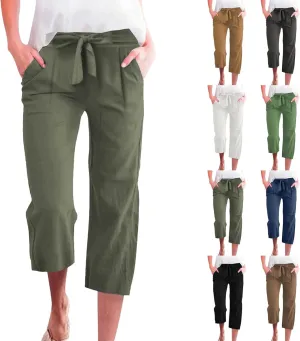 Capris Pants for Women Casual Summer Wide Leg Linen Pants Tie Belt Elastic Waist Beach Cropped Trousers with Pockets