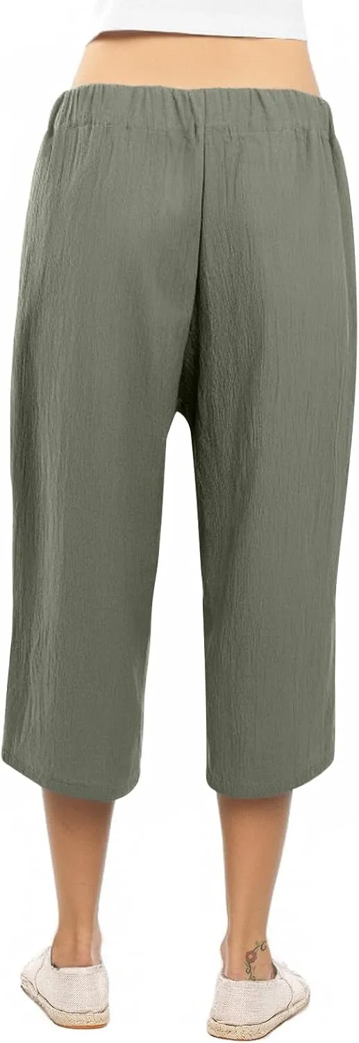 Capris Pants for Women Casual Summer Wide Leg Linen Pants Tie Belt Elastic Waist Beach Cropped Trousers with Pockets