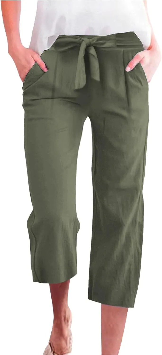 Capris Pants for Women Casual Summer Wide Leg Linen Pants Tie Belt Elastic Waist Beach Cropped Trousers with Pockets