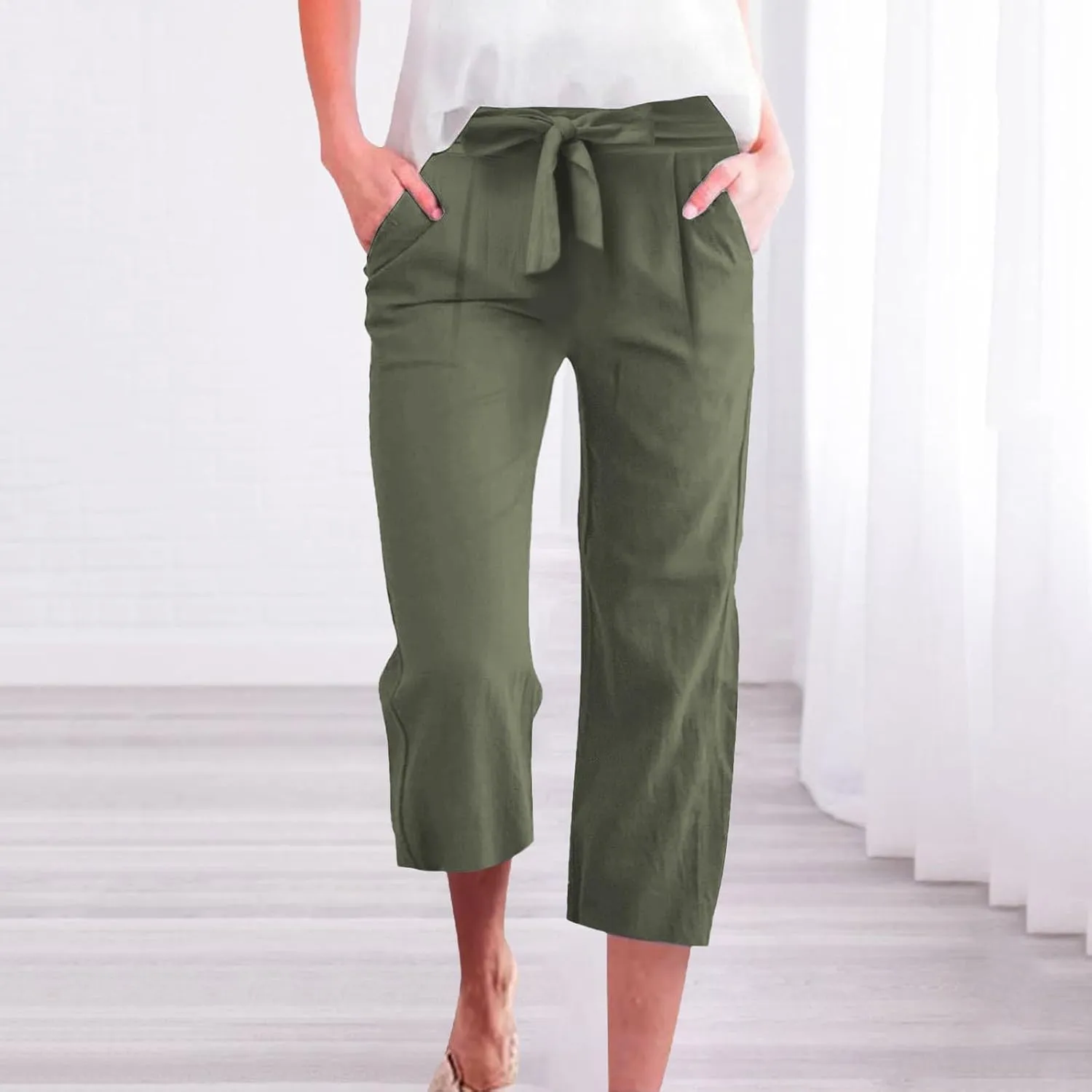 Capris Pants for Women Casual Summer Wide Leg Linen Pants Tie Belt Elastic Waist Beach Cropped Trousers with Pockets