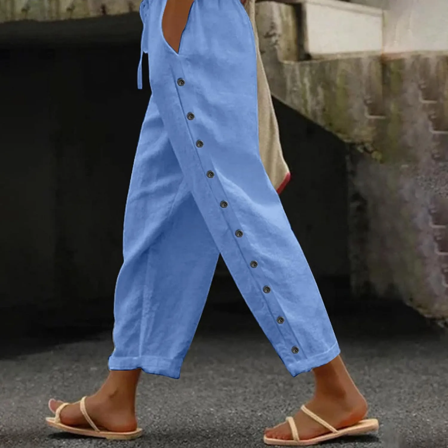 Capris Pants for Women Cotton Linen Casual Summer 2025 Baggy Pants Straight Wide Leg Button Up Trousers with Pockets