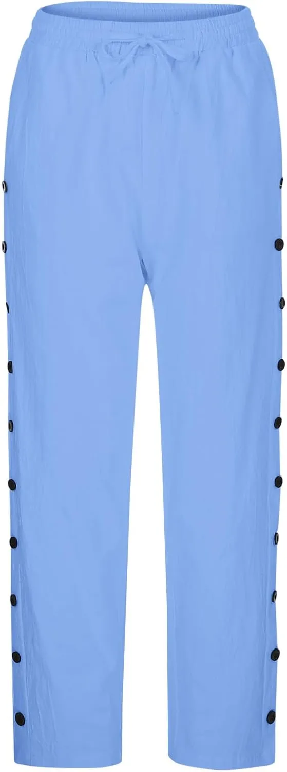 Capris Pants for Women Cotton Linen Casual Summer 2025 Baggy Pants Straight Wide Leg Button Up Trousers with Pockets