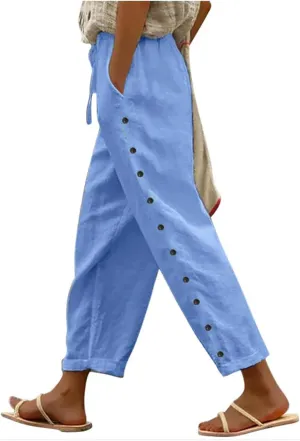 Capris Pants for Women Cotton Linen Casual Summer 2025 Baggy Pants Straight Wide Leg Button Up Trousers with Pockets