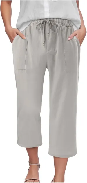 Capris Pants for Women Cotton Linen Casual Summer 2025 Drawstring Elastic Waist Straight Wide Leg Loose Cropped Trouser