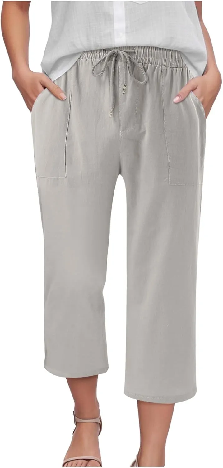 Capris Pants for Women Cotton Linen Casual Summer 2025 Drawstring Elastic Waist Straight Wide Leg Loose Cropped Trouser