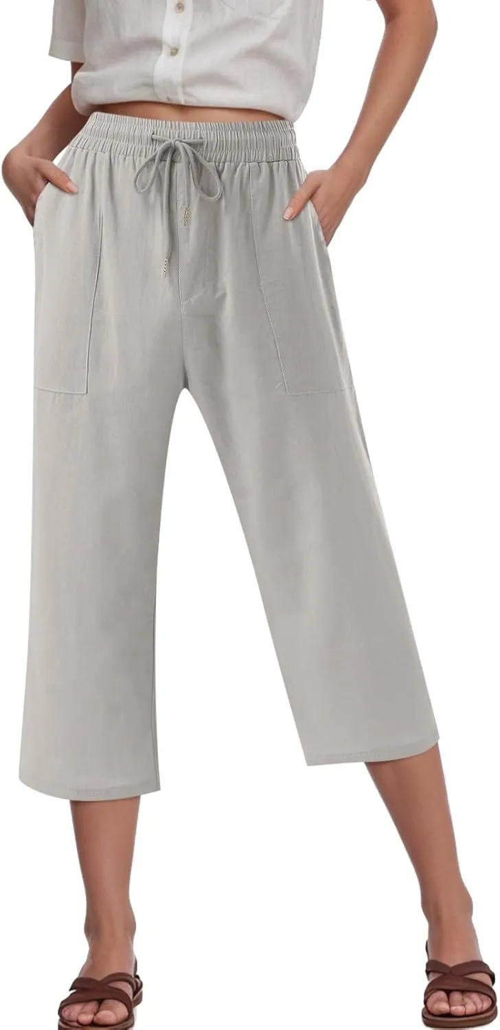 Capris Pants for Women Cotton Linen Casual Summer 2025 Drawstring Elastic Waist Straight Wide Leg Loose Cropped Trouser