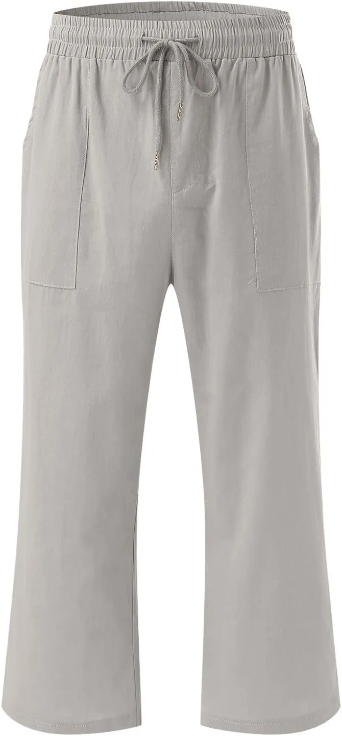 Capris Pants for Women Cotton Linen Casual Summer 2025 Drawstring Elastic Waist Straight Wide Leg Loose Cropped Trouser