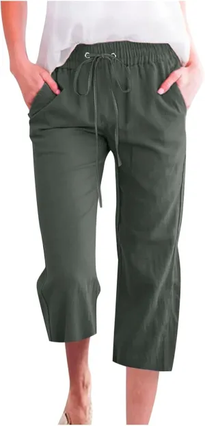 Capris Pants for Women Cotton Linen Casual Summer 2025 Straight Leg Loose Drawstring Elastic Waist Cropped Trouser
