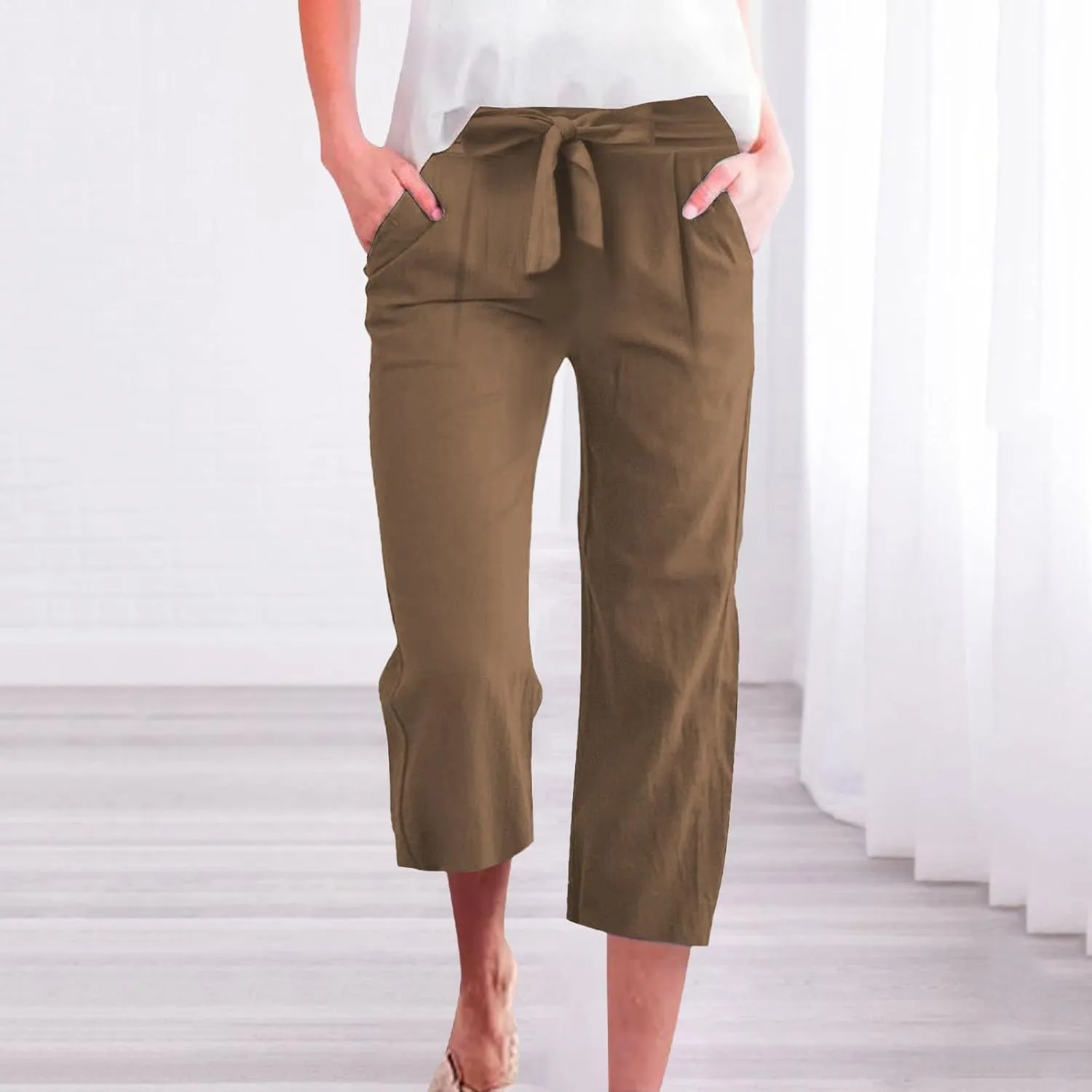 Capris Pants for Women Cotton Linen Casual Summer 2025 Straight Wide Leg Drawstring Elastic Waist Cropped Trouser