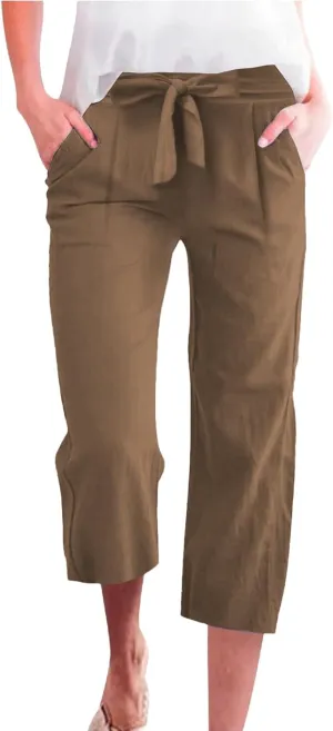 Capris Pants for Women Cotton Linen Casual Summer 2025 Straight Wide Leg Drawstring Elastic Waist Cropped Trouser
