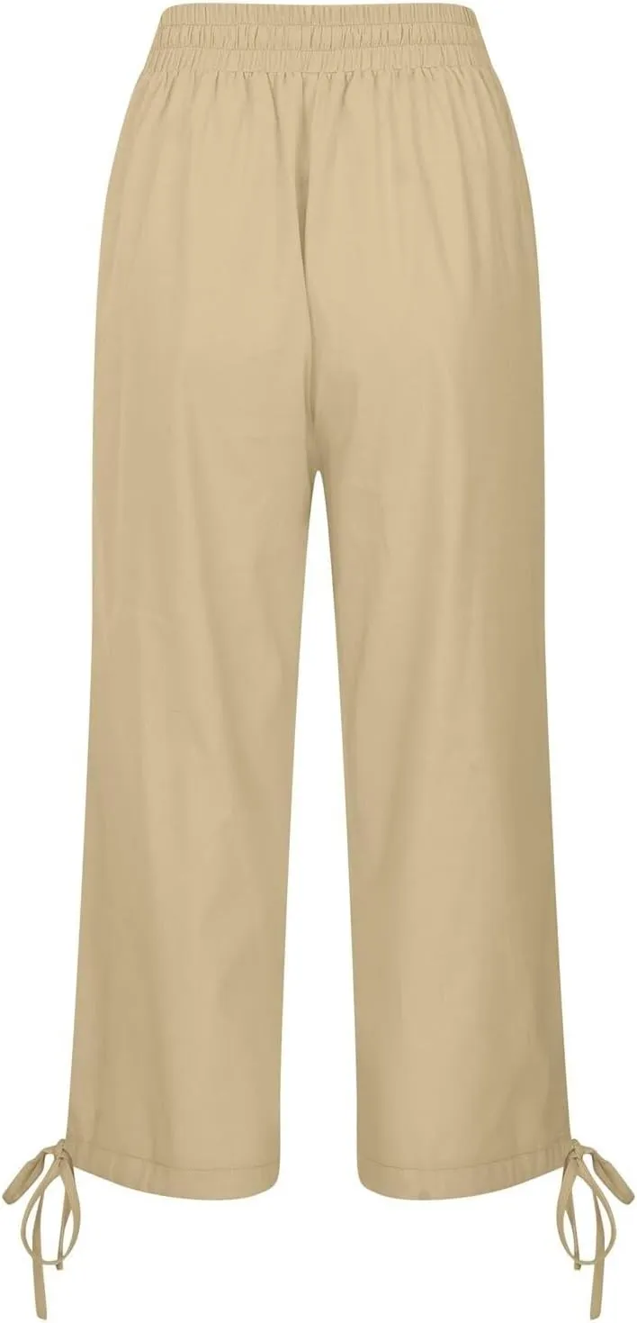 Capris Pants for Women Cotton Linen Casual Summer Wide Leg Loose Drawstring Elastic Waist Cropped Trouser S-XXL