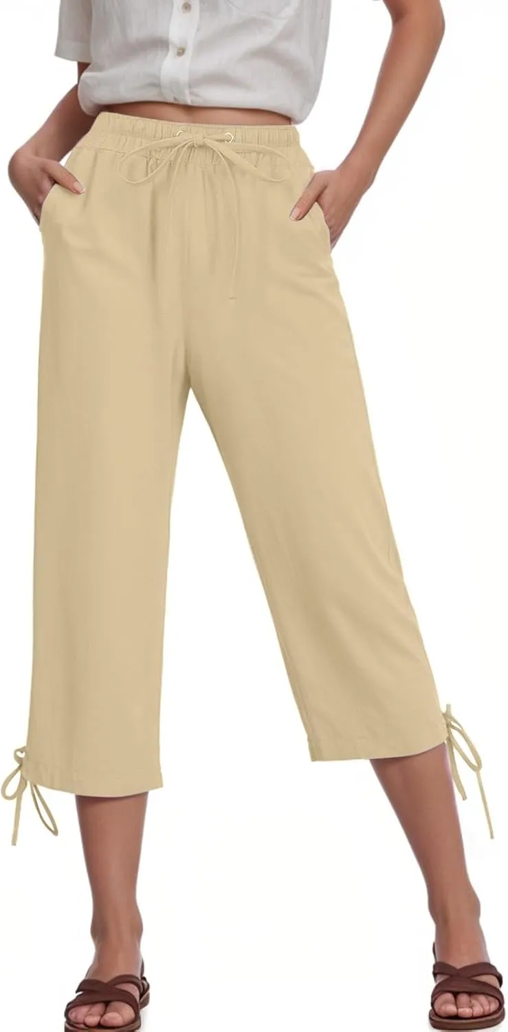 Capris Pants for Women Cotton Linen Casual Summer Wide Leg Loose Drawstring Elastic Waist Cropped Trouser S-XXL