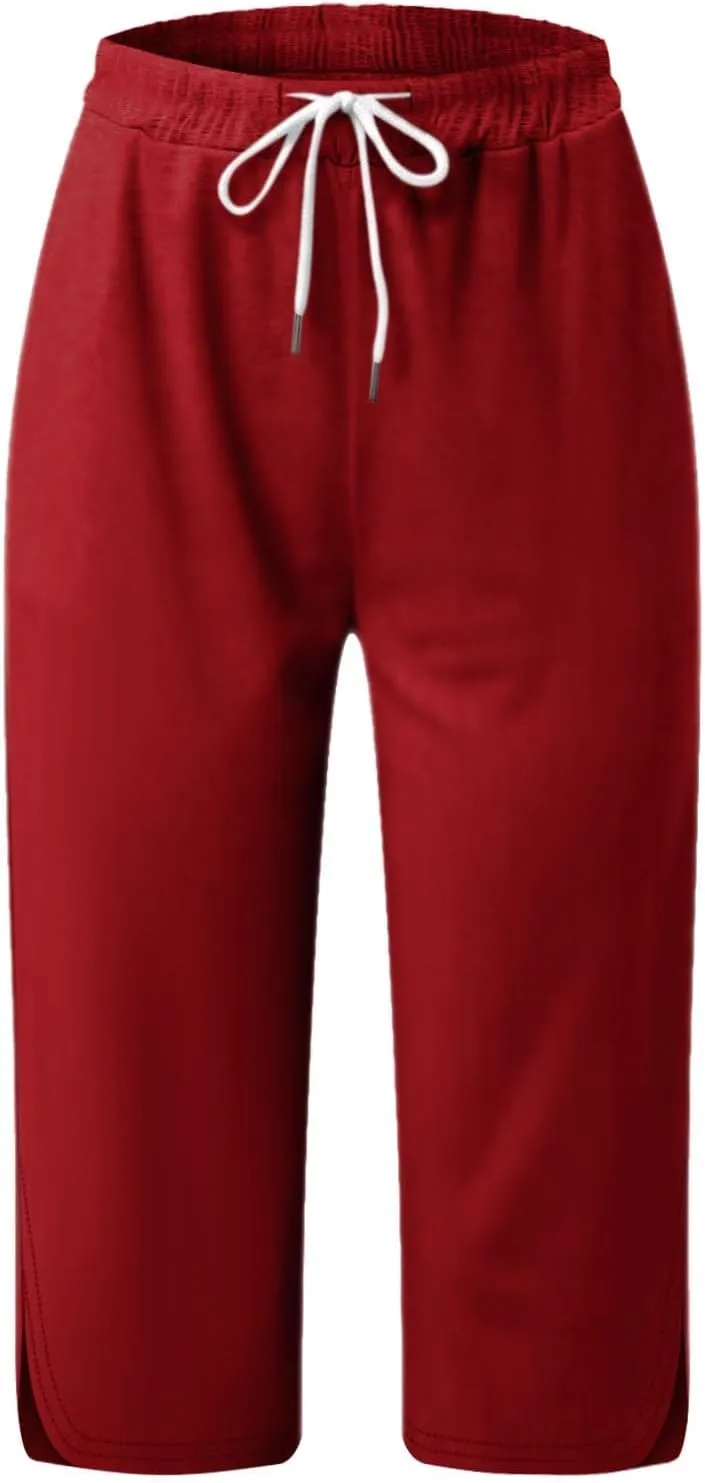 Casual Beach Pants for Women,Loose Fit Cotton Linen Wide Leg Cropped Trousers Elastic Waist Summer Style